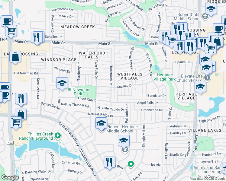 map of restaurants, bars, coffee shops, grocery stores, and more near 8299 Albritton Drive in Frisco