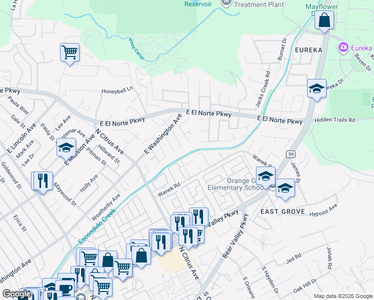map of restaurants, bars, coffee shops, grocery stores, and more near 2536 White Oak Place in Escondido