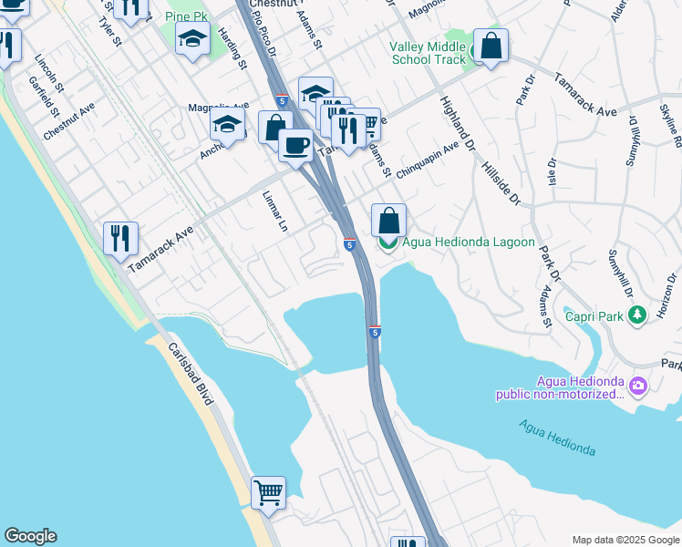 map of restaurants, bars, coffee shops, grocery stores, and more near 805 Kalpati Circle in Carlsbad