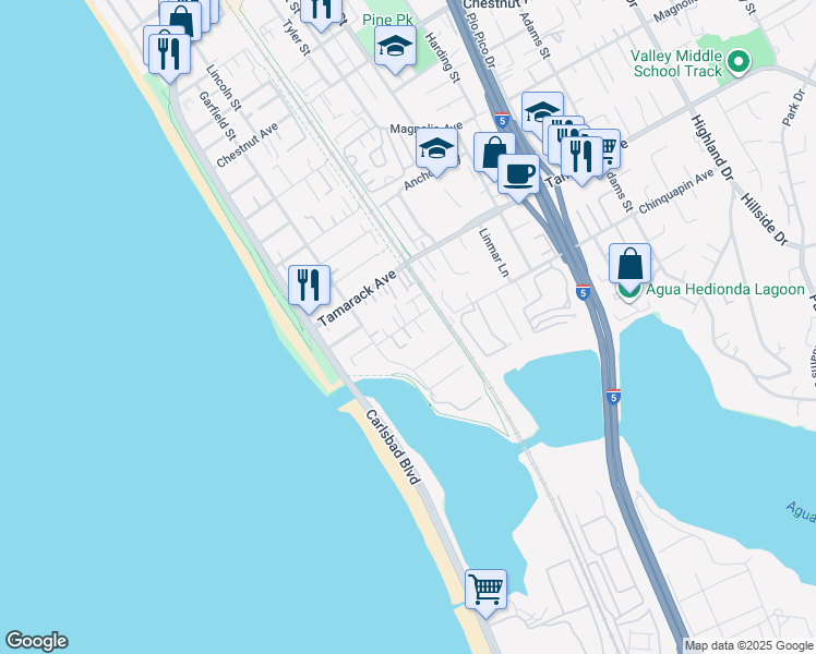 map of restaurants, bars, coffee shops, grocery stores, and more near 229 Chinquapin Avenue in Carlsbad