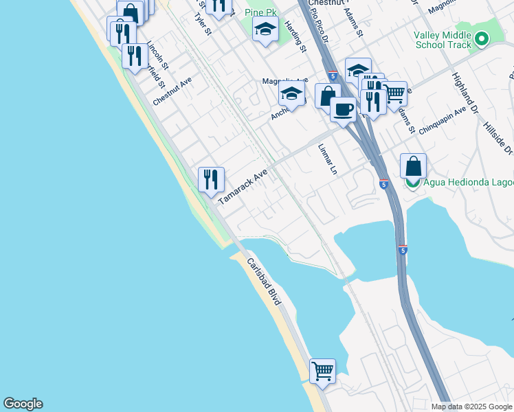 map of restaurants, bars, coffee shops, grocery stores, and more near 229 Chinquapin Avenue in Carlsbad