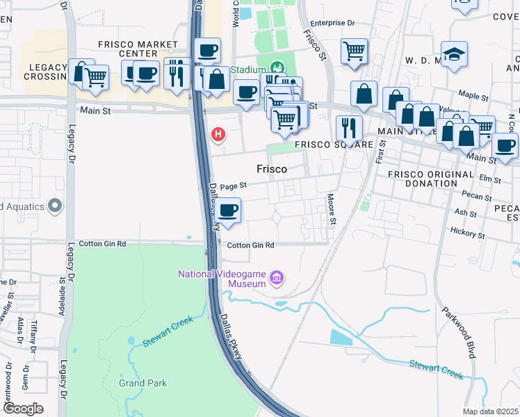 map of restaurants, bars, coffee shops, grocery stores, and more near Cotton Gin Road in Frisco