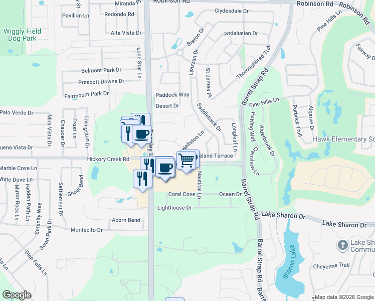 map of restaurants, bars, coffee shops, grocery stores, and more near 3000 Groveland Terrace in Denton