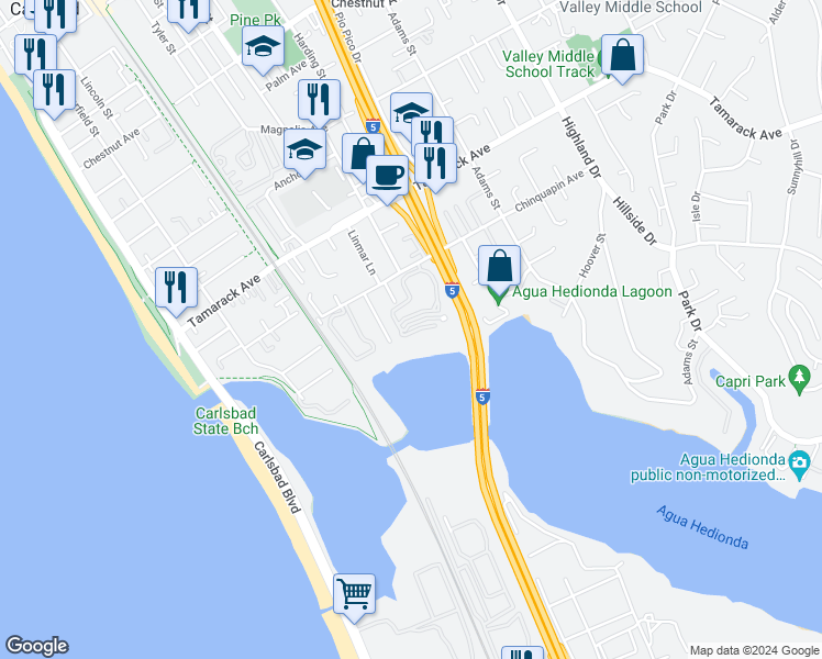 map of restaurants, bars, coffee shops, grocery stores, and more near 832 Kalpati Circle in Carlsbad