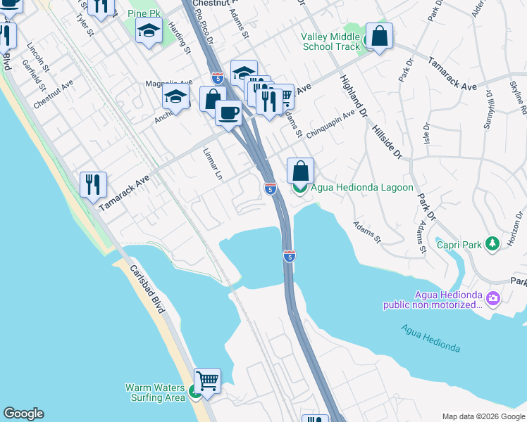 map of restaurants, bars, coffee shops, grocery stores, and more near 823 Kalpati Circle in Carlsbad