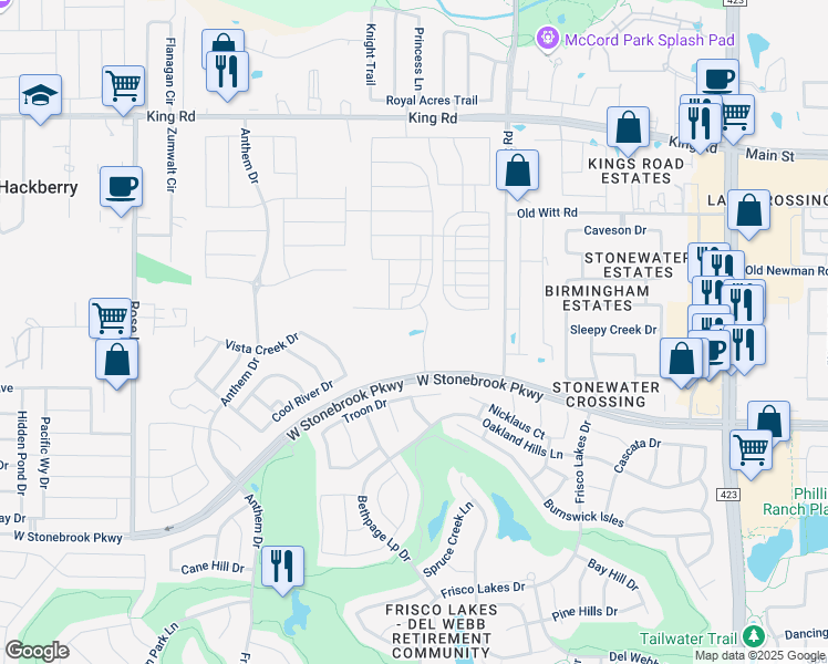 map of restaurants, bars, coffee shops, grocery stores, and more near 187 West Stonebrook Parkway in Frisco