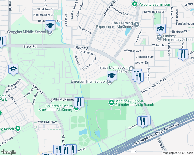 map of restaurants, bars, coffee shops, grocery stores, and more near 6452 Collin McKinney Parkway in McKinney