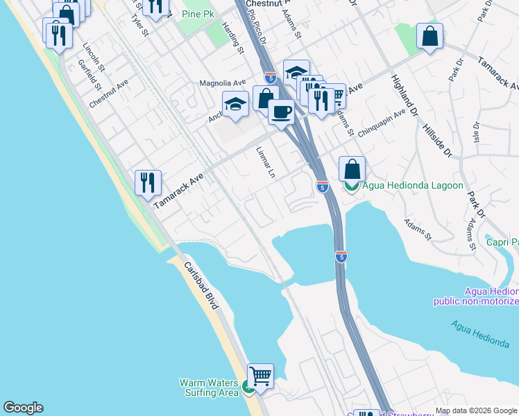 map of restaurants, bars, coffee shops, grocery stores, and more near 4008 Aguila Street in Carlsbad