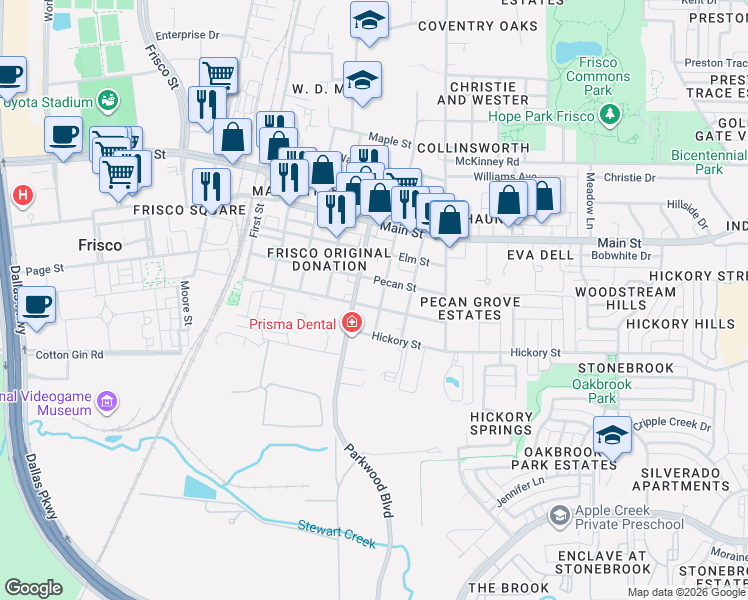 map of restaurants, bars, coffee shops, grocery stores, and more near 8560 6th Street in Frisco