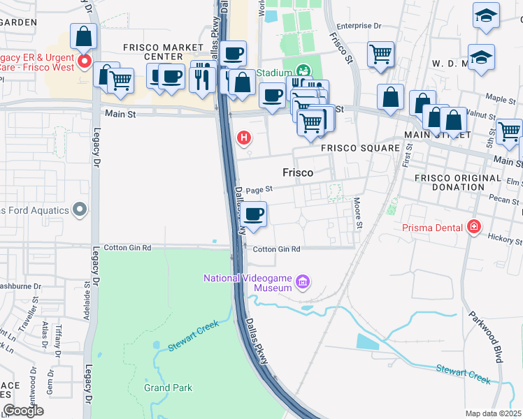 map of restaurants, bars, coffee shops, grocery stores, and more near 8130 Dallas Parkway in Frisco