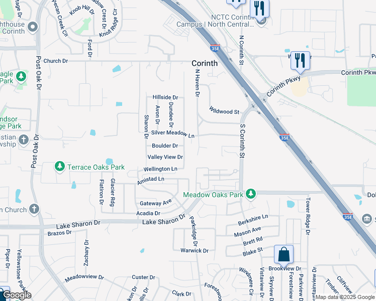 map of restaurants, bars, coffee shops, grocery stores, and more near 2613 Valley View Drive in Corinth