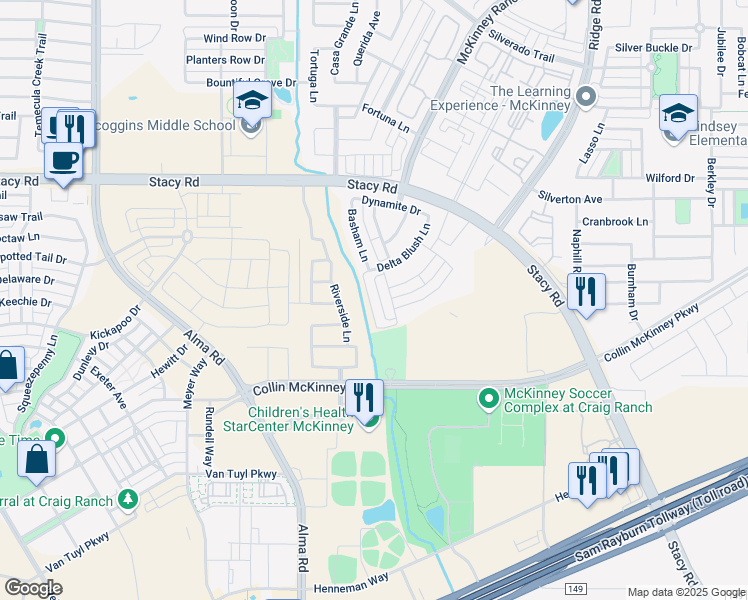 map of restaurants, bars, coffee shops, grocery stores, and more near 5609 Acoma Lane in McKinney