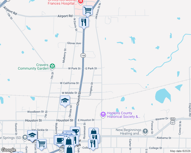 map of restaurants, bars, coffee shops, grocery stores, and more near 927 Longino Street in Sulphur Springs