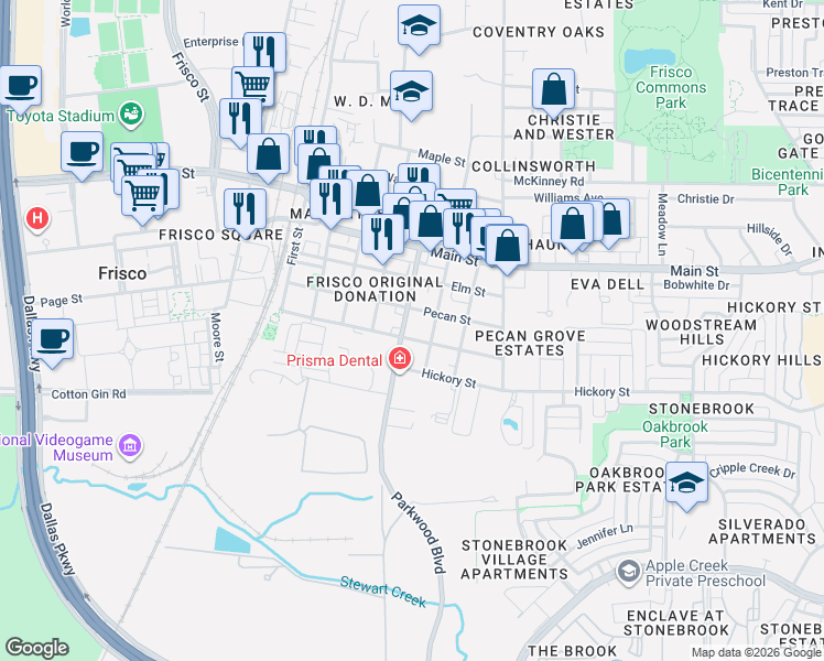 map of restaurants, bars, coffee shops, grocery stores, and more near 6943 Pecan Street in Frisco