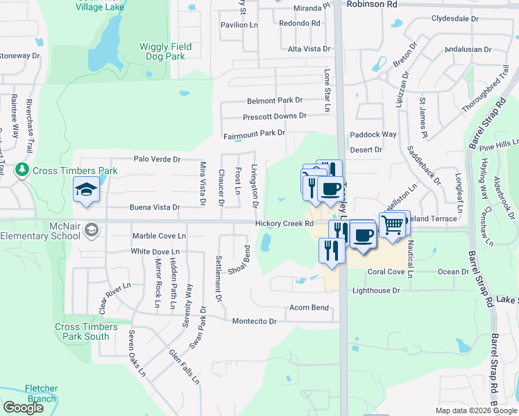map of restaurants, bars, coffee shops, grocery stores, and more near 7313 Livingston Drive in Denton