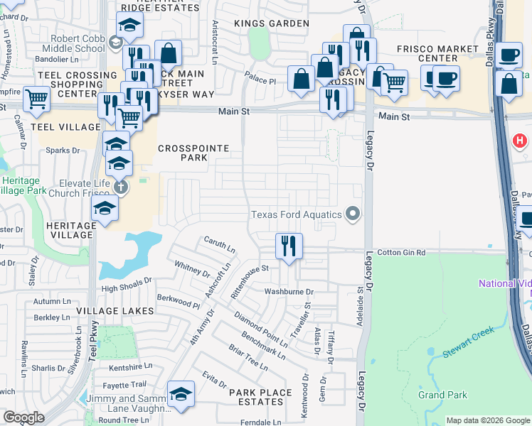 map of restaurants, bars, coffee shops, grocery stores, and more near 3990 Sevilla Drive in Frisco