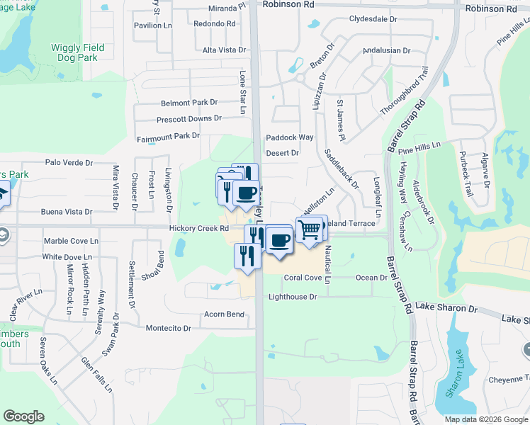 map of restaurants, bars, coffee shops, grocery stores, and more near 4900 Teasley Lane in Denton