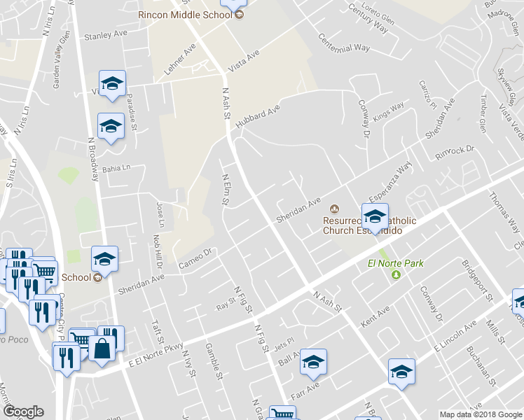 map of restaurants, bars, coffee shops, grocery stores, and more near North Ash Street in Escondido