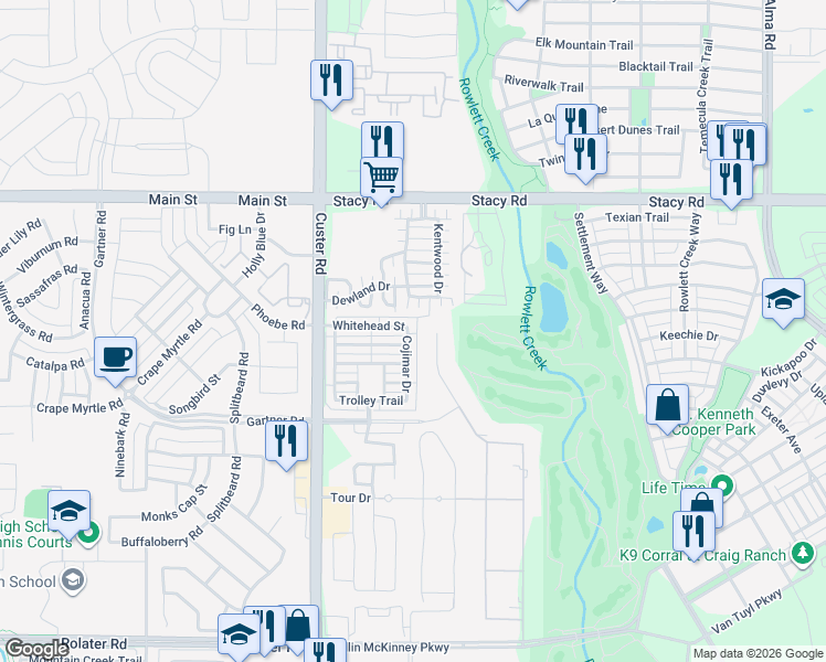 map of restaurants, bars, coffee shops, grocery stores, and more near 5313 Cojimar Drive in McKinney