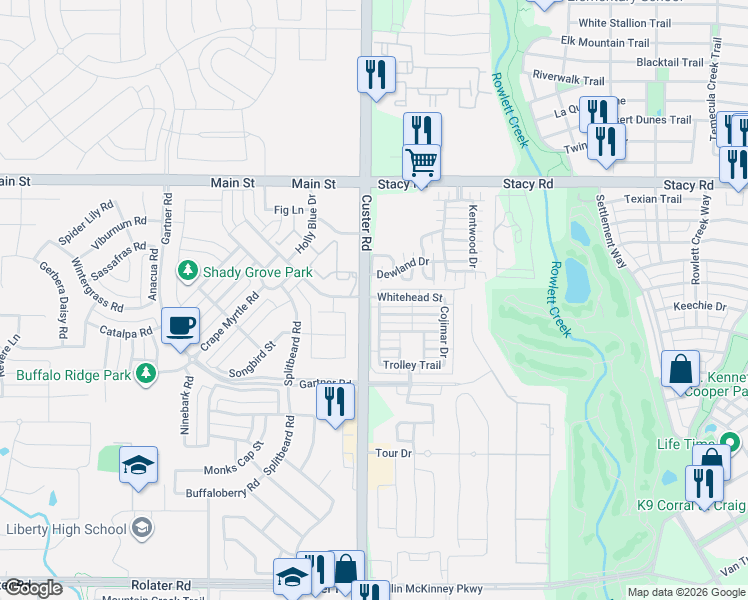 map of restaurants, bars, coffee shops, grocery stores, and more near 8909 Dewland Drive in McKinney