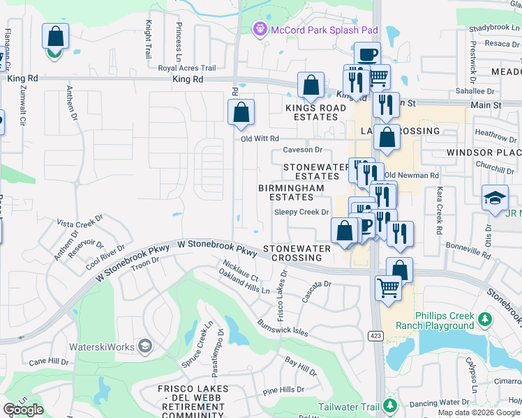 map of restaurants, bars, coffee shops, grocery stores, and more near 7553 Lake Trail in Frisco