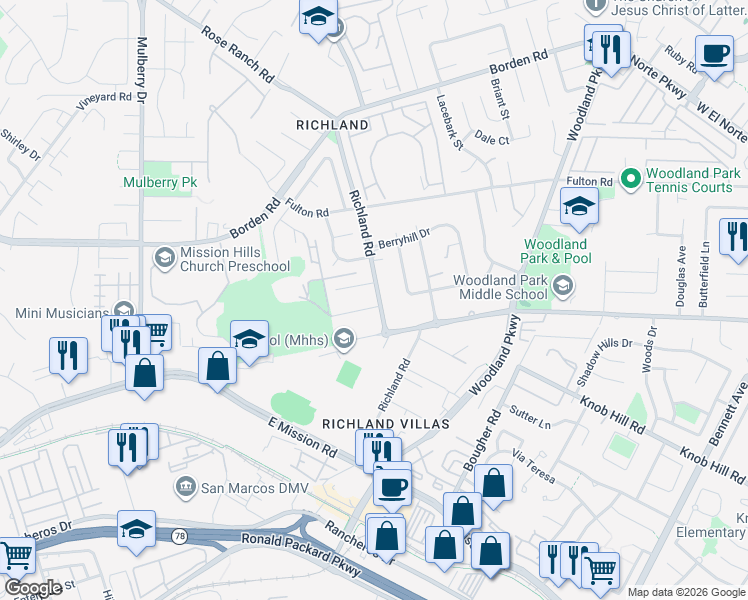 map of restaurants, bars, coffee shops, grocery stores, and more near 558 Richland Road in San Marcos