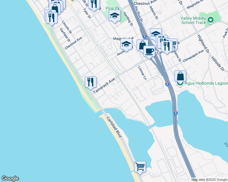 map of restaurants, bars, coffee shops, grocery stores, and more near 286 Chinquapin Avenue in Carlsbad