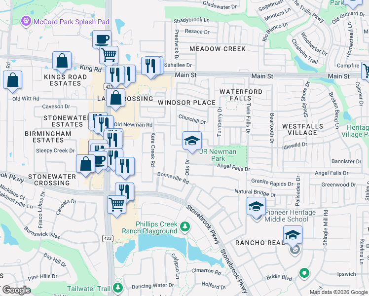 map of restaurants, bars, coffee shops, grocery stores, and more near 1113 Southampton Drive in Frisco