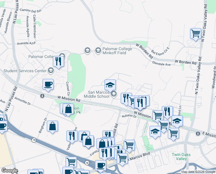 map of restaurants, bars, coffee shops, grocery stores, and more near 743 Kirkwall Drive in San Marcos