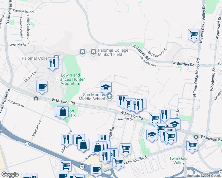 map of restaurants, bars, coffee shops, grocery stores, and more near 687 Glasgow Court in San Marcos