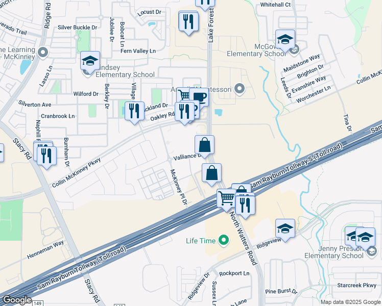 map of restaurants, bars, coffee shops, grocery stores, and more near 5201 Valliance Drive in McKinney