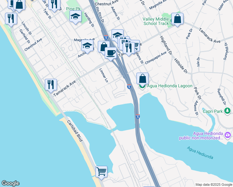 map of restaurants, bars, coffee shops, grocery stores, and more near 801 Kalpati Circle in Carlsbad