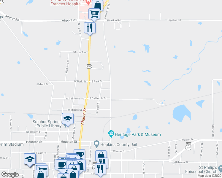 map of restaurants, bars, coffee shops, grocery stores, and more near 934 Jackson Street North in Sulphur Springs