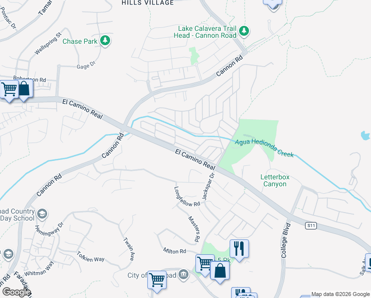 map of restaurants, bars, coffee shops, grocery stores, and more near 5341 Don Miguel Drive in Carlsbad
