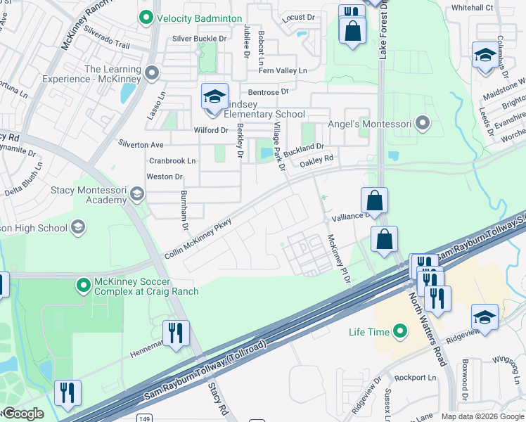 map of restaurants, bars, coffee shops, grocery stores, and more near 5212 Amphora Avenue in McKinney