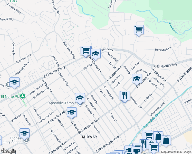 map of restaurants, bars, coffee shops, grocery stores, and more near 1039 North Midway Drive in Escondido