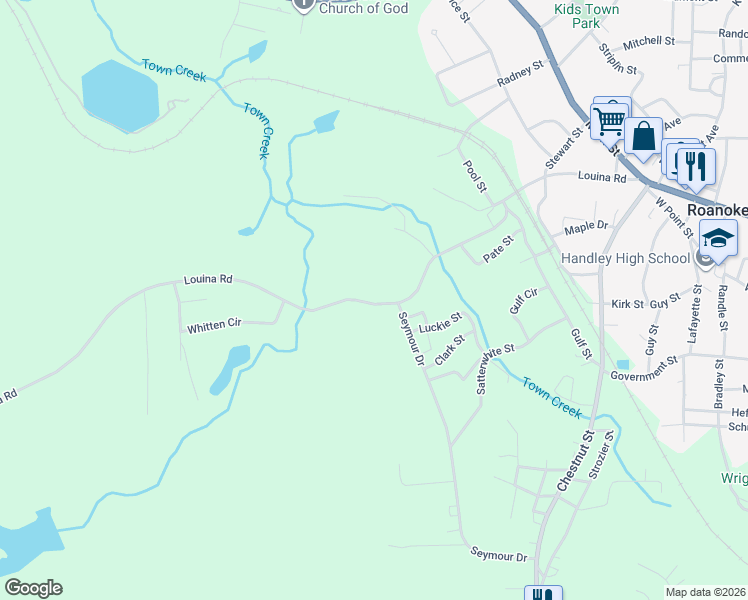 map of restaurants, bars, coffee shops, grocery stores, and more near 581 Louina Street in Roanoke