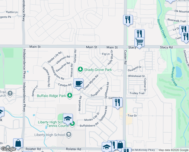 map of restaurants, bars, coffee shops, grocery stores, and more near Farm to Market 3537 in Frisco