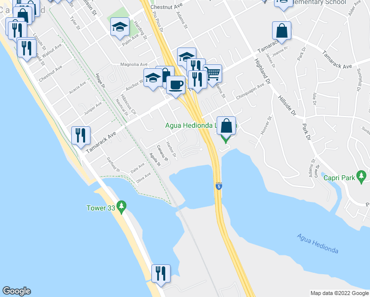 map of restaurants, bars, coffee shops, grocery stores, and more near 4020 Layang Layang Circle in Carlsbad