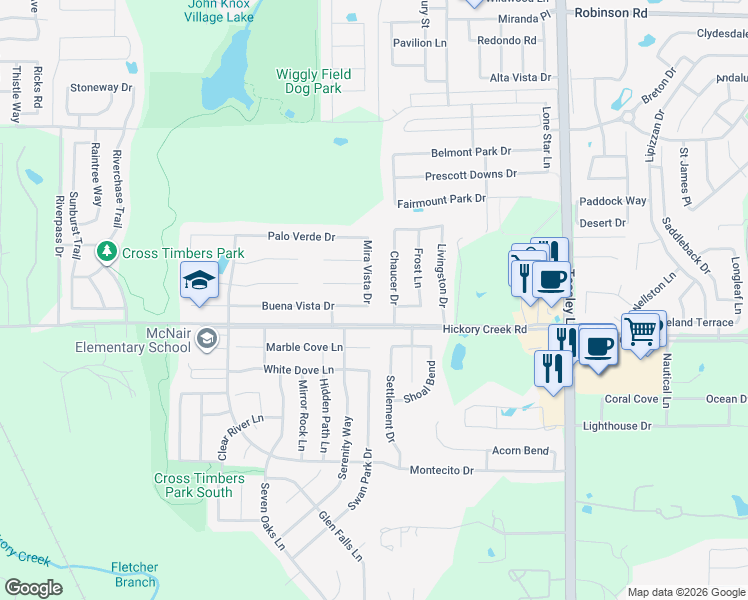 map of restaurants, bars, coffee shops, grocery stores, and more near 7309 Mira Vista Drive in Denton
