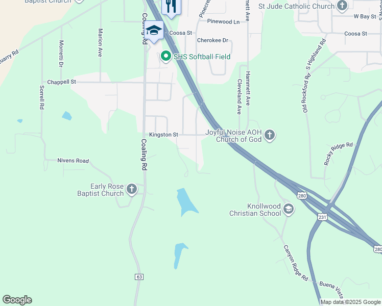 map of restaurants, bars, coffee shops, grocery stores, and more near 1063 Pinecrest Road in Sylacauga