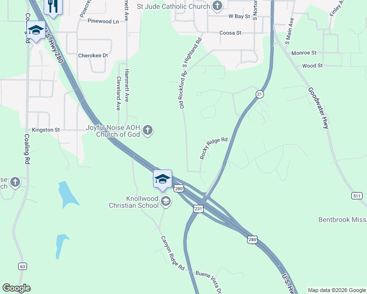 map of restaurants, bars, coffee shops, grocery stores, and more near 706 Old Rockford Road in Sylacauga