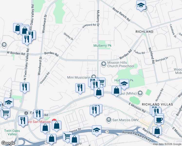 map of restaurants, bars, coffee shops, grocery stores, and more near 479 Prosperity Drive in San Marcos