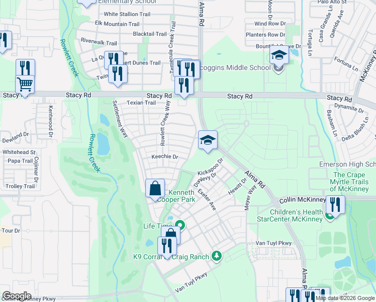 map of restaurants, bars, coffee shops, grocery stores, and more near 7608 Delaware Drive in McKinney