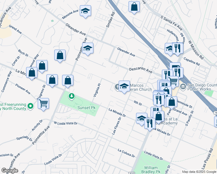 map of restaurants, bars, coffee shops, grocery stores, and more near 3327 Grand Avenue in San Marcos