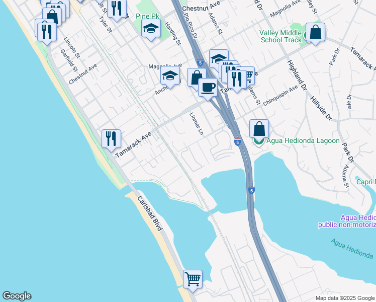 map of restaurants, bars, coffee shops, grocery stores, and more near 470 Chinquapin Avenue in Carlsbad