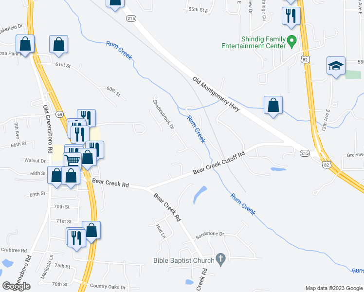 map of restaurants, bars, coffee shops, grocery stores, and more near 7008 Shadesbrook Drive in Tuscaloosa