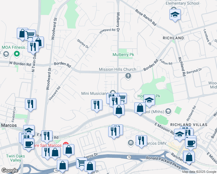 map of restaurants, bars, coffee shops, grocery stores, and more near 470 Prosperity Drive in San Marcos