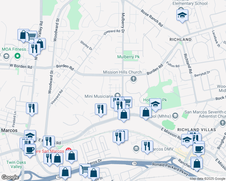 map of restaurants, bars, coffee shops, grocery stores, and more near 470 Prosperity Drive in San Marcos
