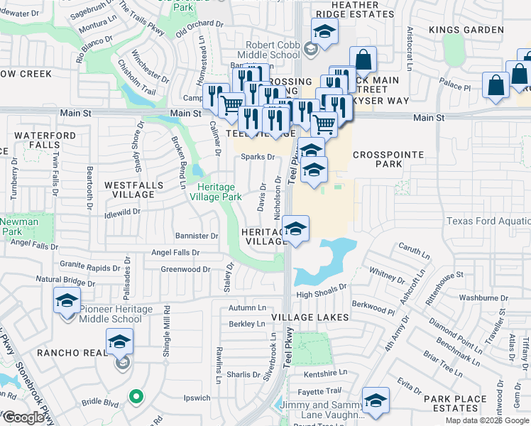map of restaurants, bars, coffee shops, grocery stores, and more near 8415 Nicholson Drive in Frisco